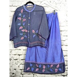 VINTAGE ANU Cottage Coastal Embroidered Silk Maxi/Midi Skirt & Top Set Large